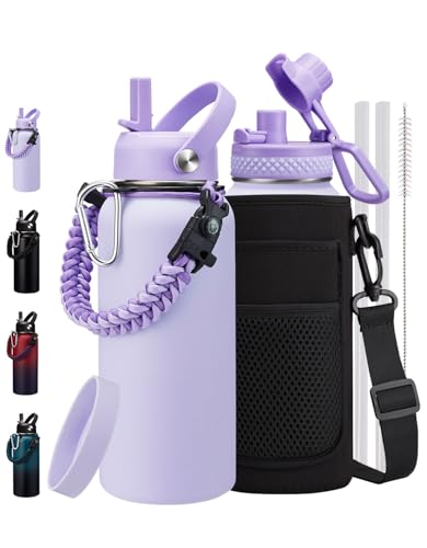 Image of 32 oz Insulated Water Bottle with Straw & Auto Spout Lid, Bottle Sleeve with Strap, Paracord Handle, 32oz Flask Purple Metal Water Canteen, Stainless Steel Water Jug for Sports Gym Woman Girls