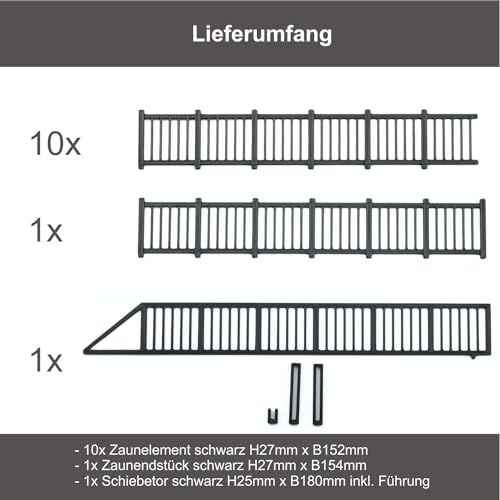 Overdrive-Racing 180cm Spur H0 Fabrikzaun - Schwarz Grau - mit beweglichem Schiebetor - Bausatz 1:87 - Industriezaun Metallzaun, Zaunfarbe:Schwarz
