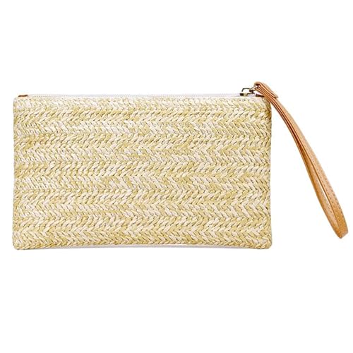 Bolsa clutch feminina de palha - Bolsa de mão boêmia verão praia com zíper, Amarelo pequeno