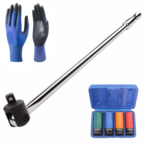 Breaker Bar 1/2 Sq Drive 24 Inch 600mm Strong Arm Power Knuckle Breaker Flexi Bar 4Pc Alloy Wheel Nut Removal Socket Set 17 19 21 22mm Flexible Handle 1x Pair Work Gloves Chrome Vanadium Steel
