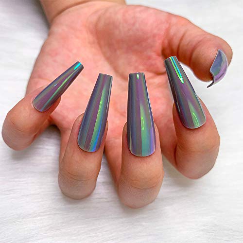 Artquee 24Pcs Aurora Grey Ballerina Long Coffin Glossy Holographic Fake Nails Press On Nail False Tips Manicure For Women And Girls #TOP2