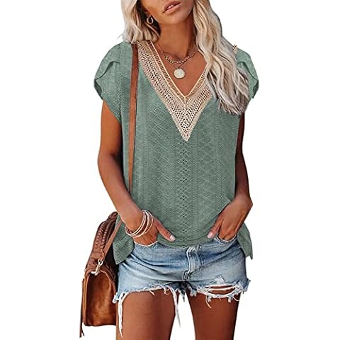 Soesdemo Womens Summer Green Tops Dressy Cap Sleeve Lace V Neck Hollow Floral Print Casual Loose Fit T-Shirts Blouse for Daily Life/Office/Party/Business Cover