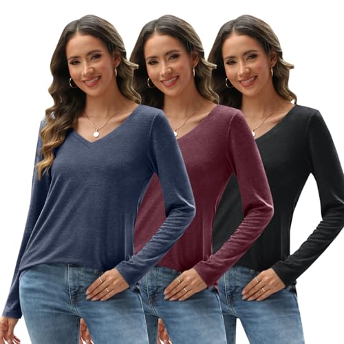 SUNBS 3 Pack Womens Long Sleeve Shirts V Neck Tops Loose Fit Causal Fall Fashion Outfits Trendy Clothes Winter 20252