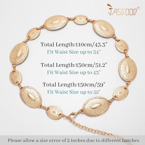 JASGOOD Women Western Metal Chain Belt Concho Belt Cowgirl Waist Link for Jeans Dresses Concert Boho, Gold - Thumbnail 6