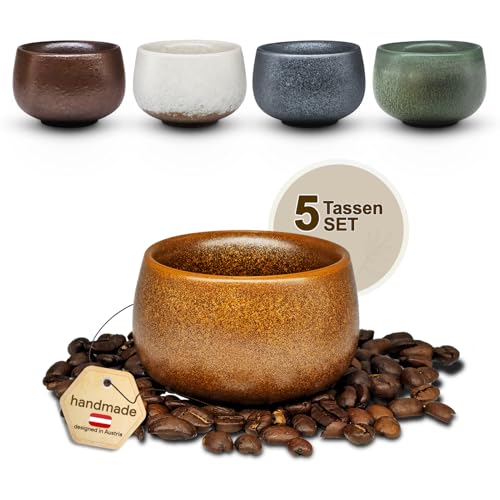 OndaCore Espressotassen SET 5x80ml, Dickwandig Tassen aus Steingut, Handgefertigte bunte Kaffeetassen, Keramik Teetassen ohne Henkel, spülmaschinenfest, Espressobecher, Mokkatassen