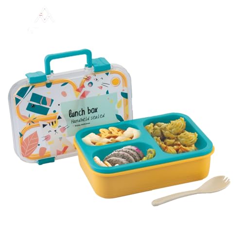 Image of ATTRO Kitty Kart Plastic Lunch Box - 3 Compartment Bento Tiffin, Leak-Proof & Durable, Plastic Cutlery, Ideal for Kids, School,Picnic - 800ml, Blue Orange
