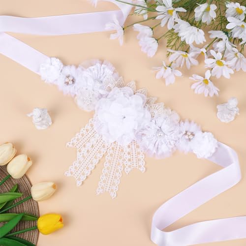 Image of White Lace Boho Baby Shower Maternity Sash - White Lace Flower Theme Baby Shower Belly Belt, Mom to Be Photo Props Party Decorations
