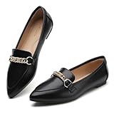 Tilocow Metal Chain Black Loafers for Women Pointed Toe Slip on Flats Comfortable Fashion Work Shoes Size 8