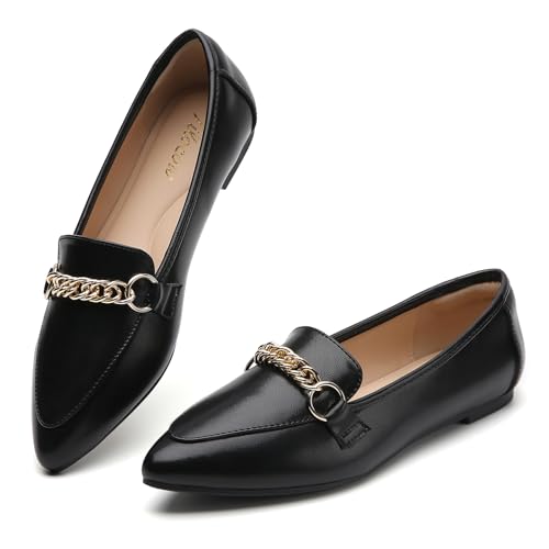 Image of Tilocow Metal Chain Loafers for Women Pointed Toe Slip on Flats Comfortable Fashion Work Shoes