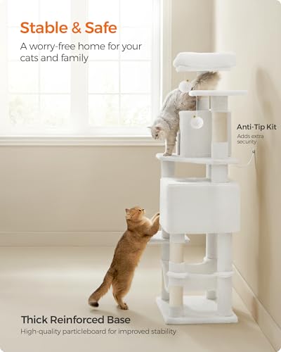 Image of Feandrea Cat Tree, 59.5-Inch Tall Cat Tower, Plush Multi-Level Condo with 5 Scratching Posts, 2 Perches, 2 Caves, Hammock, 2 Pompoms, Cream White UPCT192T01