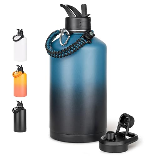 Image of Fijinhom Gallon Water Bottle with 2 Lids (Straw & Spout), 304 Stainless Steel Water Jug with Handle and Wide Mouth, 1 Gallon Vacuum Double Walled Jug for Sports, Outdoors, Blue&Black 128 oz