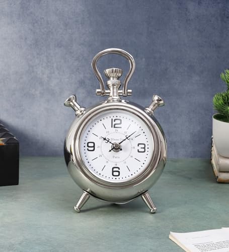 Image of Decor de Maison Brings Handcrafted The Belvedere Table Clock for KidsRoom, Living Room, Bedroom, Office |Classic Non-Ticking Tabletop Battery Operated Analog Desk Clock in Silver (14x8x23cm)