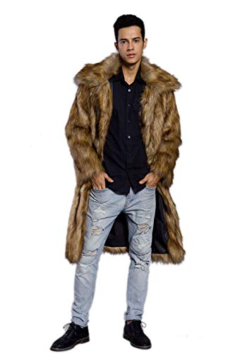 Old Dird Men's Long Sleeve Fluffy Faux Fur Coat,Mens Winter Warm Faux Fur Overcoat,Long Thicken Soft Jacket Outerwear Gold #TOP4