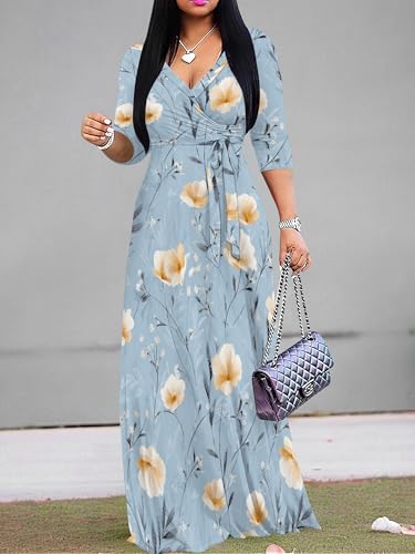 Image of Women's V Neck Floral Maxi Dress 3 /4 Sleeve Plus Size Boho Wrap Flowy Long Dresses with Belt