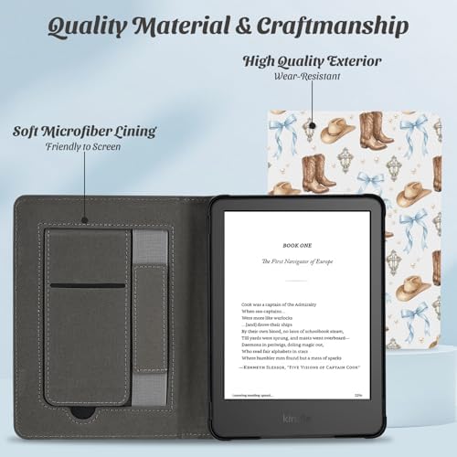 Idocolors Cute Case for 6" Kindle 11th Generation 2024/2022, Slim Foldable Stand PU Leather Shell Cover with Hand Strap, Auto-Wake/Sleep Protective Case for Women, Cowboy - 2