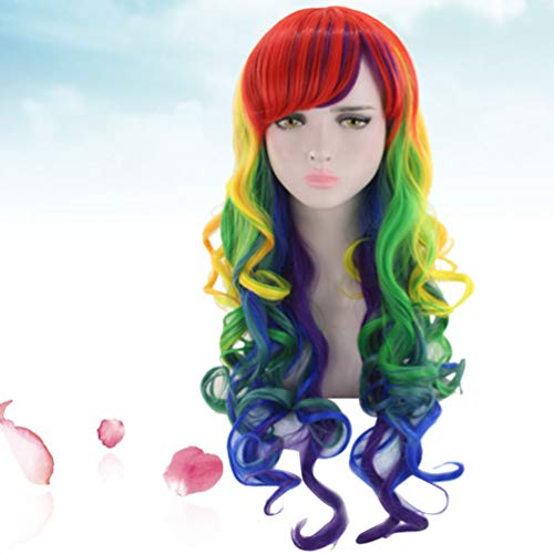 PIXNOR 1 Peça Peruca Arco-Ãris Longo Encaracolado Peruca Longa Ondulado Encaracolado Cosplay Festa P