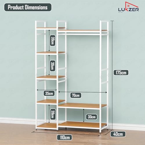 Image of Lukzer Heavy Duty Garment Rack with 8 Shelves & Hanging Rod | Free-Standing Modern Clothes Stand Metal & Engineered Wood Shoe Rack with Adjustable Foot Pads for Living Room - MMR-004 /White & Oak Brown
