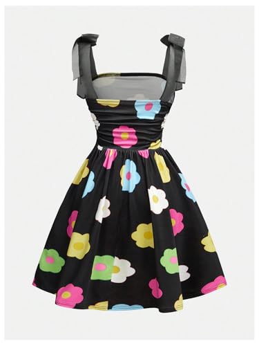 Verdusa Girl's Floral Print Tie Shoulder Dress Ruched Square Neck A Line Dresses2