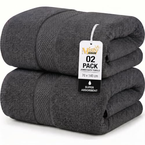 Image of MistyMorning Bath Towels Pack of 2, Extra Large (70x140cm), Luxury 100% Cotton 500GSM Super Soft & Highly Absorbent Quick Dry Luxury Bathroom Towels (2, Bath Towel) (Charcoal)