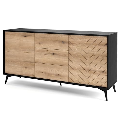 Komodee Jasper KSZ154 – Buffet, chêne Evoke/Noir, Largeur 154 cm, Hauteur 77 cm, Profondeur 39 cm