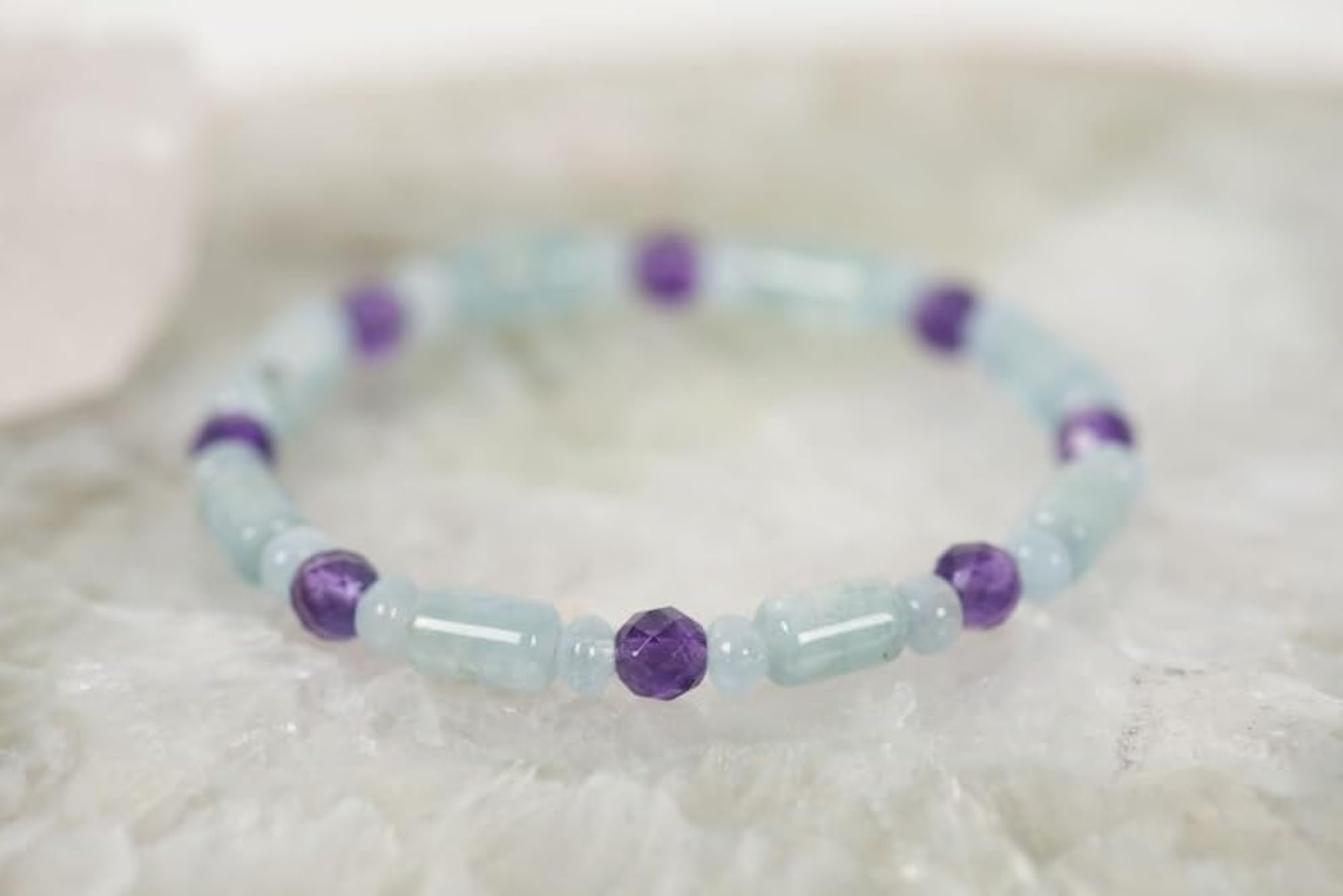 Natural Amethyst & Aquamarine Gemstone Stretch Bracelet, Unisex