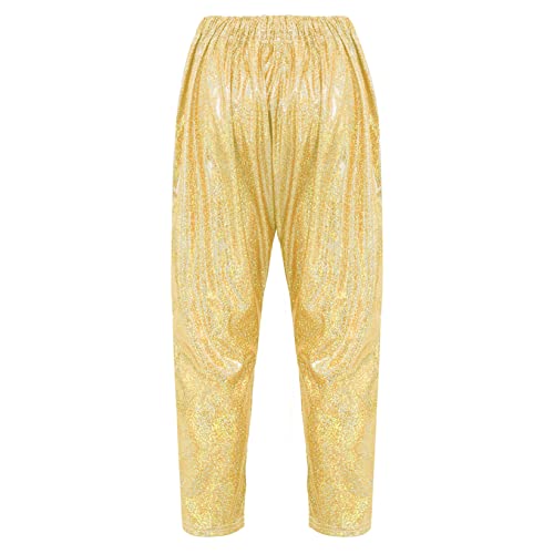 Kids Boys Girls Metallic Shiny Hip Hop Jazz Streetwear Baggy Pants Loose Fit Trousers for Stage Performance Show Gold 9-10 Years2