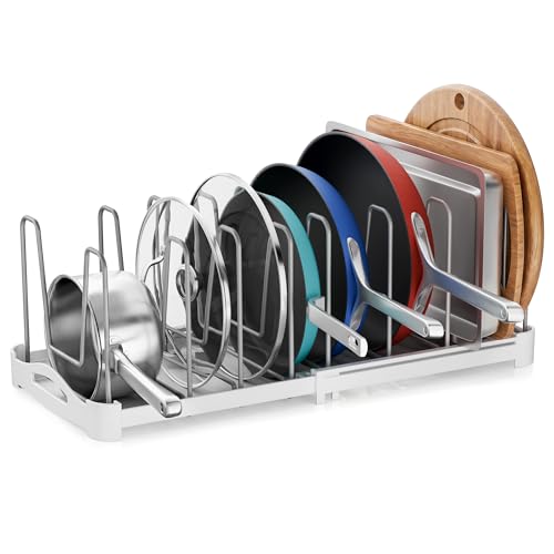 EVERIE Adjustable Bakeware Organizer Pot Lid Holder Rack for Pots, Cake Molds, Cutting Boards, Mats, Cookware, GS02SS, 7.7'' Deep by 12.6'' to 21.5'' Wide by EVERIE - Used condition - US$25.36