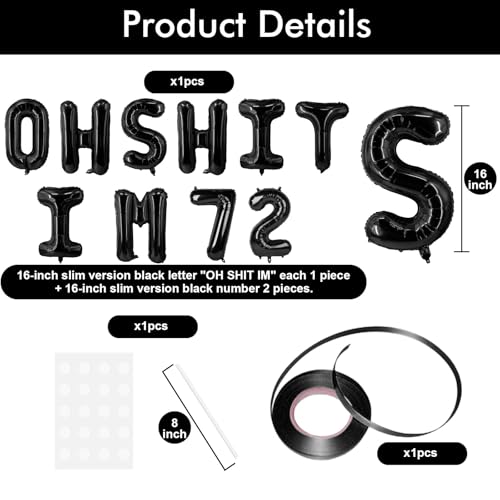 Image of Oh I'm 72! Latex Balloons 16 Inch Black Hallo Seventy Two Cheers to 72 Years Old Theme Decor for Man Woman Happy 72nd Birthday Party Photo Studio Prop Flag Decorations Favors Supplies