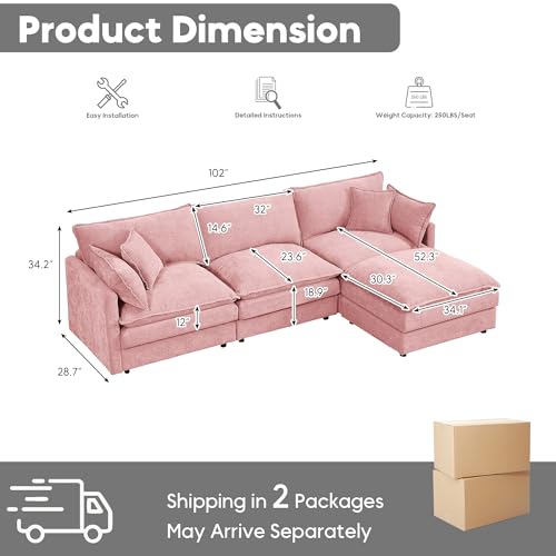 Image of 102 inch L Shaped Modular Sectional Sofa, Comfy Upholstery Chenille Cloud Couch with Ottoman, Modern 4-Seat Deep Seat Sofa with Pillow for Living Room, Bedroom, Apartment, Pink