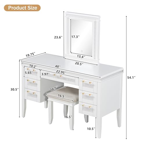 Image of 48 inch Vanity Desk with Mirror, Classic Makeup Vanity with 7 Drawers and Cushioned Stool, Hollow Design Drawer, Rubber Wood Legs, Dressing Table with Bamboo Weave Design, Easy Assembly (Light Beige,08)