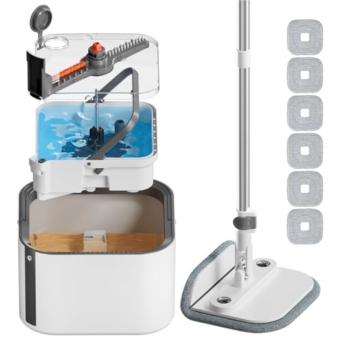 LRWLRW Cubo de fregona con escurridor, fregona giratoria autónoma y juego de cubo, fregona separada para agua sucia y limpia con cubo y spinner, color blanco, 6 unidades