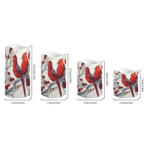 Image of Glass Cardinal Electric Flameless Candles Set of 4 | Xmas Battery Operated Candles with Remote Control, Electric Pillar Candles for Holiday Party, Living Room Decorations