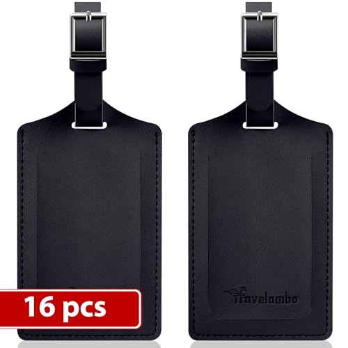 Travelambo 16 Pack Luggage Tags for Suitcases Privacy Protection Bag Tags Faux Leather Travel Accessories Essential, Black