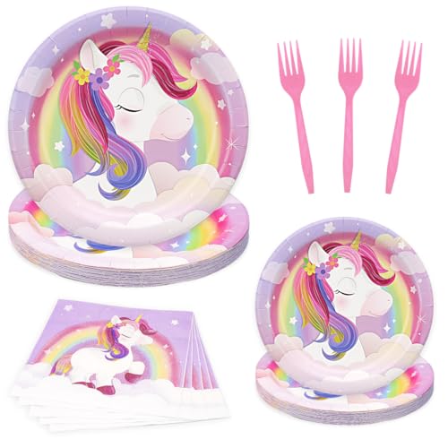 96Pcs Unicorn Party Supplies Set Including Rainbow Unicorn Paper Dinner Plates, Dessert Plates, Napkins, Forks for Unicorn Theme Birthday Party Decorations Girls Tableware Baby Shower Favor Serve 24