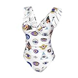 Mystical Evil Eye Balls Abstract White Women's V-Neck Ruffled One Piece Swimsuit Holiday Bathing Suit Medium