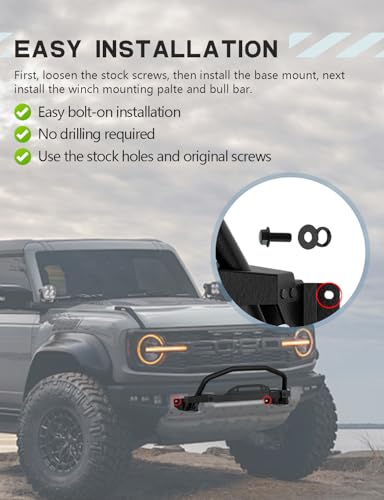 Image of For Bronco Front Bumper (ONLY for Steel Modular Front Bumper) | Front Bumper with Bull Bar&Winch Mount Off-Road Brush Guard Winch Mounting Plate, Compatible with 2021-2023 Ford Bronco