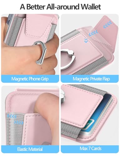 Image of For Magsafe Wallet with Grip, 6-Card Holder, Stronger Magnetic Card Wallet Holder for iPhone 16 /15, iPhone 14 /13 /12 Series, Leather Magnetic Phone Wallet with Privacy Flap, RFID Blocking, Pink