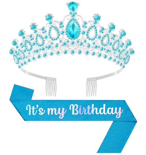 Birthday Tiara and Crown with Sash, Birthday Tiara for Women Party (Blue)