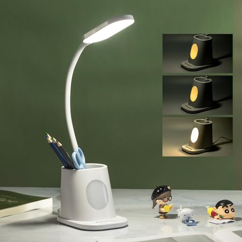 Aigostar lámpara escritorio infantil con portalápices, flexo LED escritorio para estudiar, luz nocturna de 3 niveles de brillo, 1m cable, flexible ajustable, recargable batería, 5000K, blanco