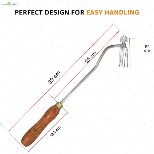 Image of Anandi Greens Garden Weeding Tool with Wooden Handle || Weeder Hand Tool 4 Claws Manual Weed Puller for Lawn and Garden Weed Removal Tool Steel