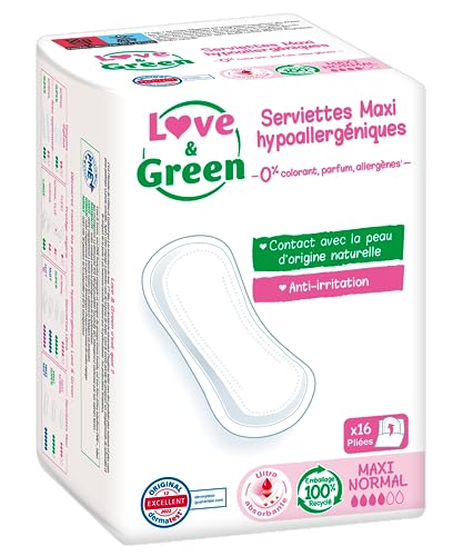 Love & Green - Servilletas sanitarias, ecológicas e hipoalergénicas, certificadas Ecolabel y Dermatest, 'MAXI NORMAL' x 16: Sin colorantes, perfumes, alérgenos