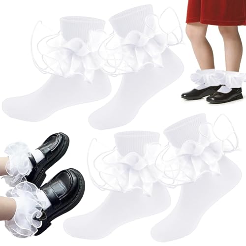 2 Pairs Girls Ruffle Socks Double Lace Cute Frilly Trim White Princess Comfortable Socks