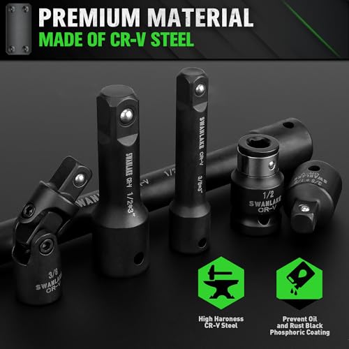 Image of 18-piece Impact Socket Extension Set Tools, Swivel Universal Joint, Deep 1 /4 inch, 3 /8 inch, 1 /2 inch Drive Socket Adapter, Extension Bar, 3 Ratchet Coupler, CR-V Steel Alloy Corrosion-Resistant Mechanic Tools