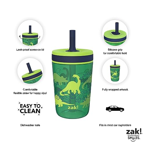 Image of Zak Designs Dino Camo Kelso Tumbler, Leak-Proof Screw-On Lid with Straw, Bundle for Kids Includes Plastic and Stainless Steel Cups with Additional Sipper, 3 Piece Set (Pack of 12)