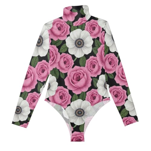 Body de manga larga mujer estampado floral tatuaje rosa roja jazmín negro