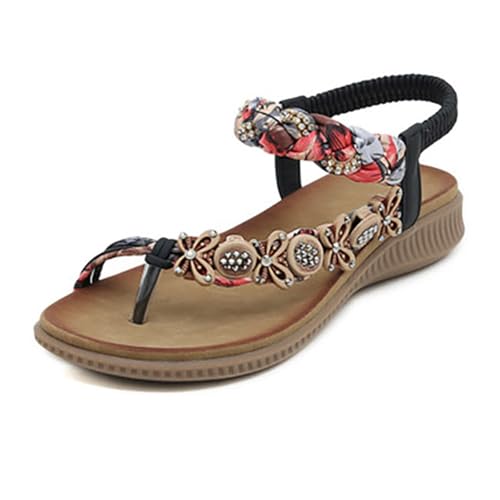 SHOBDW Sandalias Cómodas Estilosas Y Funcionales Ajuste Seguro En Tobillo Mujer De Con Tiras Elásticas Puntera Abierta Cuentas Tejido A La Chanclas Marca 39 Pala Verano Playa Flip Flop Negro 39