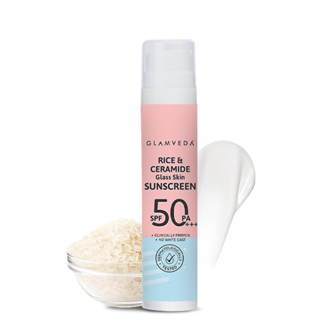 Glamveda Rice & Ceramide Dewy Sunscreen SPF 50 PA+++ | Transparent, Ultra lightweight gel cream | No White Cast, Water & Sweat Proof | For Dry & Sensitive Skin Types 50 ml