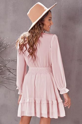 Image of Dokotoo Womens Casual Spring Fall 2025 Deep V Neck Knotted Tiered Chiffon Elegant Mini Short Swing Skater Dresses