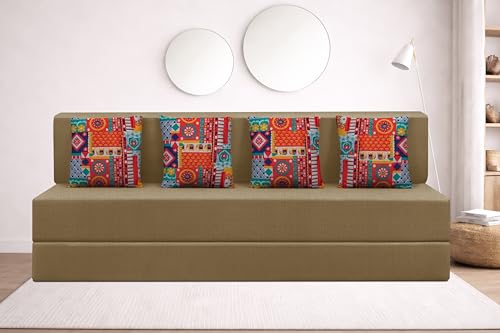 Image of Rosebell Four Seater Foldable Sofa Cum Bed (6x6 Feet) ? Jute Fabric, Washable Removable Cover, Includes Cushion | Space Saving Convertible Sofa Bed for Home, Office & Guests - Golden