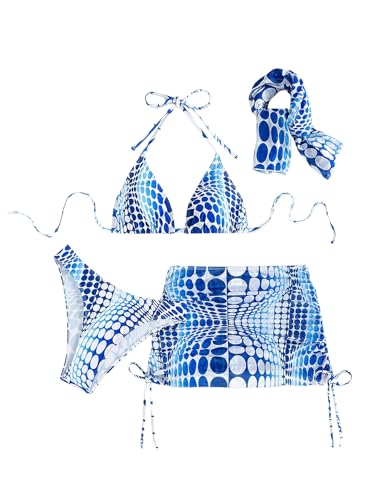 Image of RoseSeek Women's 4 Piece Polka Dots Bathing Suits Cover Up Skirt & Bandana